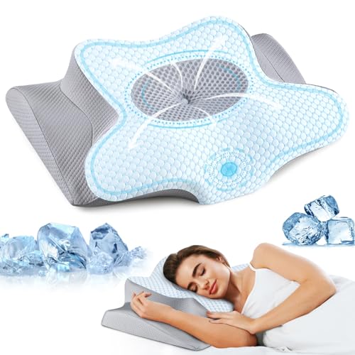 Olumoon Memory Foam Pillows - Neck Support Pillow for Pain Relief, Ergonomic Cervical Pillow for Sleeping, Orthopedic Contour Bed Pillow for Side, Back & Stomach Sleepers with Pillowcase (Blue)