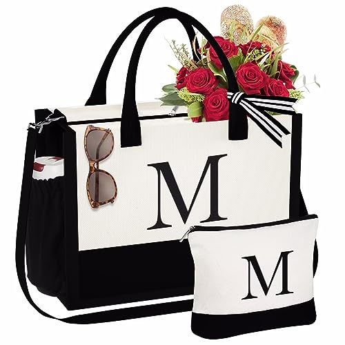 YOOLIFE Mothers Day Gifts - Personalized Mom Gifts Birthday Gifts Mother in Law Mothers Day Gifts for Mom Wife Her Embroidery Initial Beach Canvas Tote Bag & Makeup Bag M