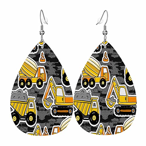 TKS MITLAN Cartoon Construction Machines Leather Earrings for Women Truck Excavator Teardrop Double-Sided Dangle Lightweight Girls Leaf Earrings