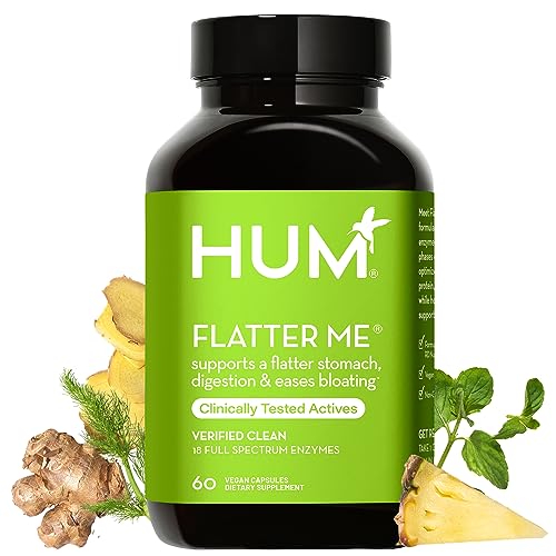 HUM Flatter Me Supplement for Daily Bloating - 18 Full Spectrum Digestive Enzymes to Support Food Breakdown - Ginger, Fennel Seed & Peppermint for Nutrient Absorption (30-Day Supply)