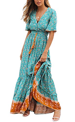 R.Vivimos Womens Summer Cotton Short Sleeve V Neck Floral Print Casual Bohemian Midi Dresses (XL, Green)
