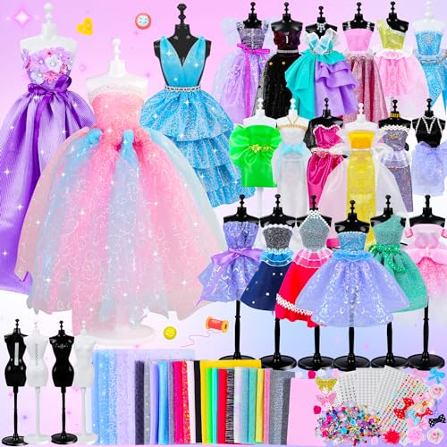 MINIFUN 600+Pcs Fashion Designer Kit for Girls, Sewing Kit with 4 Mannequins, DIY Art & Craft Activity for Kids, Doll Clothes Making Kit, Girl Toys for Age 6 7 8 9 10 11 12+ Year Old Gifts