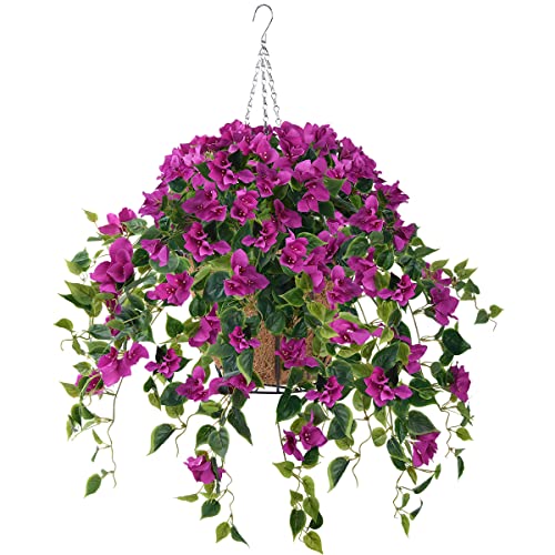 Homsunny Artificial Flowers Hanging Basket,4pcs Bougainvillea Silk Vine Flowers for Outdoor/Indoor, 10Inch Coconut Lining Flower Pot with Hanging Plant for Patio Lawn Garden Decor (Purple)