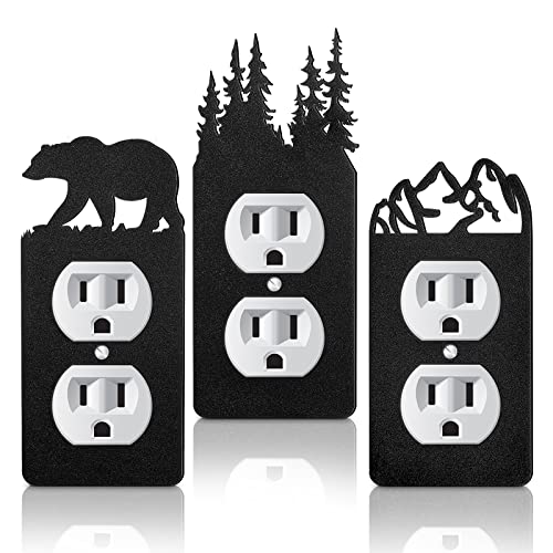 3 Pieces Bear Light Switch Cover Plate Black Outlet Plate Cover Bear Forest Mountain House Outlet Cover Wall Light Plate Cover Decorative for Office Bedroom Home, Duplex Toggle (Bear, Tree, Mountain)