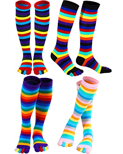 Zhanmai 4 Pairs Rainbow Toe Socks Colorful over Knee 5 Toe Socks Thigh High Rainbow Striped Leg Warmers Funny Pride Long Toe Socks for Women Girls