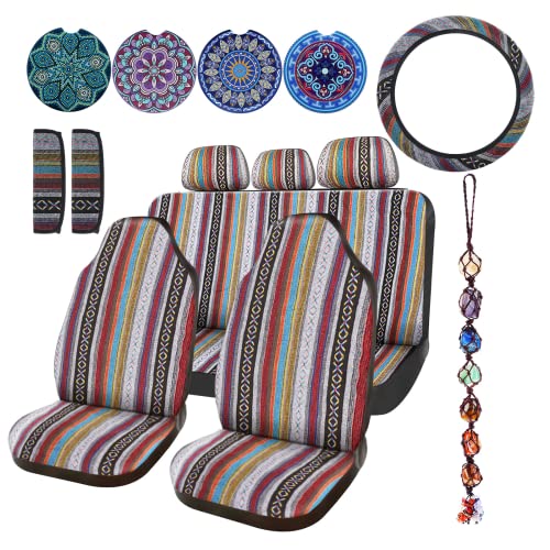 Frienda 14 Pcs Baja Car Seat Covers Full Set Multicolor Stripe Boho Print Steering Wheel/ Seat Belt Cover Crystal Hanging Ornament Holders Fits for Car (Stripe Style)