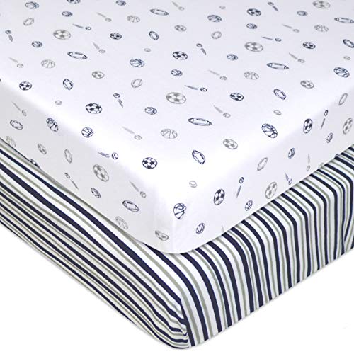 American Baby Company 2 Pack Fitted Pack N Play Playard Sheet 27' x 39', Soft Breathable 100% Cotton Jersey Pack and Play Sheet, Navy/Grey Sports Stripes, for Boys and Girls, Fits Most Mini Crib