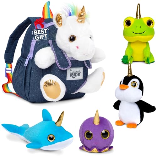 Naturally KIDS Toddler Backpack w Unicorn Stuffed Animal & Four Plush Unicorns, Small Backpack, Unicorn Toys