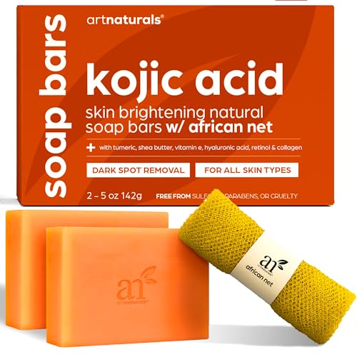Kojic Acid Soap + African Net Sponge (2 pack X 142g Turmeric bars) Dark spot remover, Hyperpigmentation & Scars - Original Japanese Complex Vitamin C, Hyaluronic Acid, retinol, shea butter (Citrus)