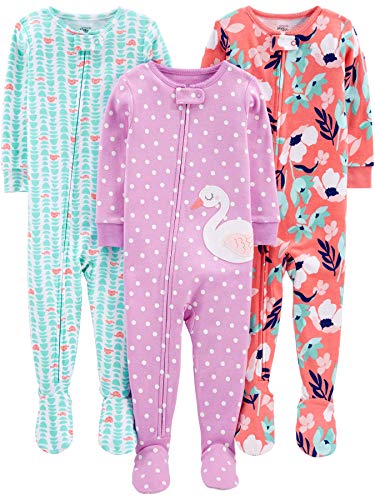 Simple Joys by Carter's Girls' 3-Pack Snug Fit Footed Cotton Pajamas, Light Purple Swan/Mint Green Turtle/Orange Floral, 18 Months
