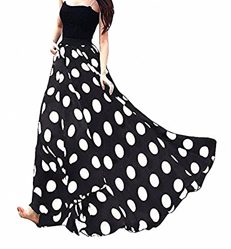 Sinono Women's Chiffon Stripe Maxi Skirt High Waist Mopping Floor Skirts (XXX-Large, Black Dot)