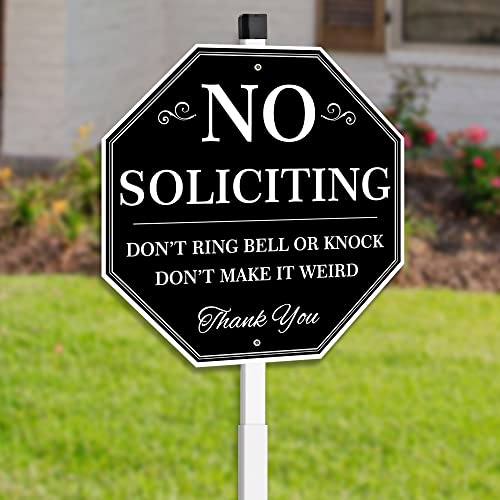 Uflashmi No Soliciting Yard Sign, No Soliciting Sign for House Yard with Stake, 10” x 28”, Metal black and white