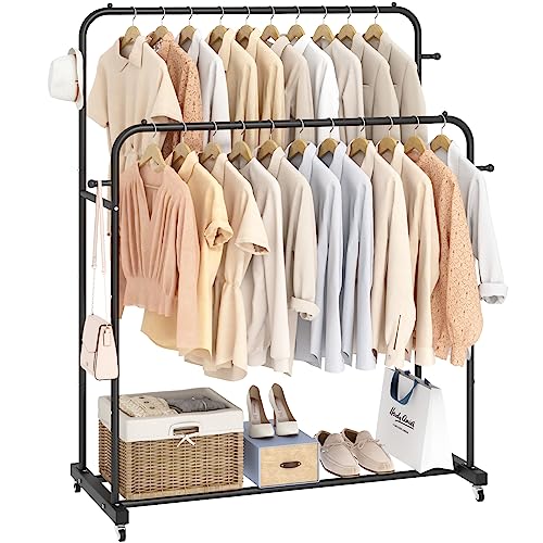 Laiensia Double Rods Garment Rack with Wheels, Clothing Rack for Hanging Clothes,4 Hooks, Multi-functional Bedroom Clothes Rack, Black