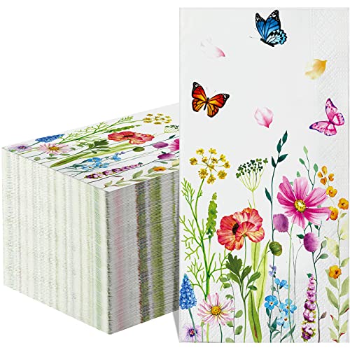 Teling Floral Napkins Bathroom Napkins 3 Ply Disposable Paper Napkins Decorative Spring Flower Hand Guest Towels Wildflower Party Decoration for Birthday Wedding Baby Shower (100 Pcs,7.8 x 4.3 Inch)