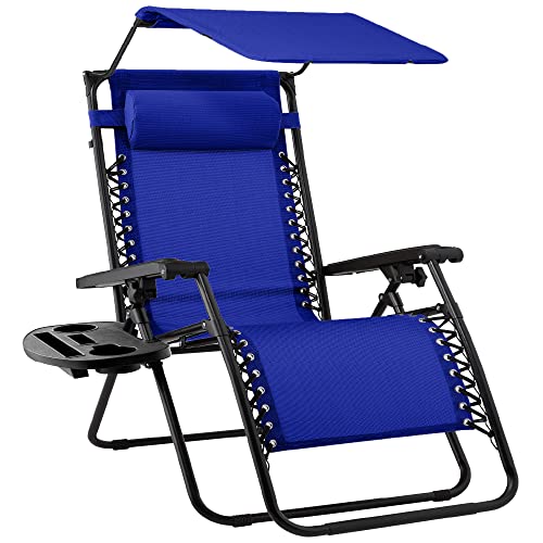 Best Choice Products Folding Zero Gravity Outdoor Recliner Patio Lounge Chair w/Adjustable Canopy Shade, Headrest, Side Accessory Tray, Textilene Mesh - Cobalt Blue