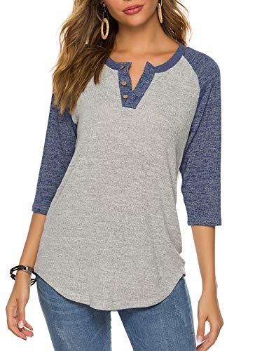 HOCOSIT Women's Raglan Round Neck Summer Tops Ladies Basic Button Henley Shirt Boyfriend Style Blouse