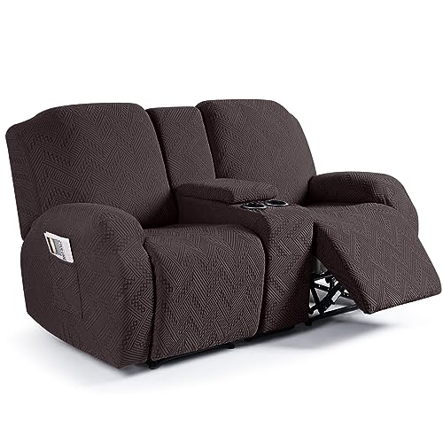 Ruaozz Stretch Loveseat Recliner Covers with Console 4-Pieces Recliner Sofa Covers with Pockets Jacquard Reclining Couch Covers Furniture Protector with Elastic Straps Bottom (2 Seater, Chocolate)
