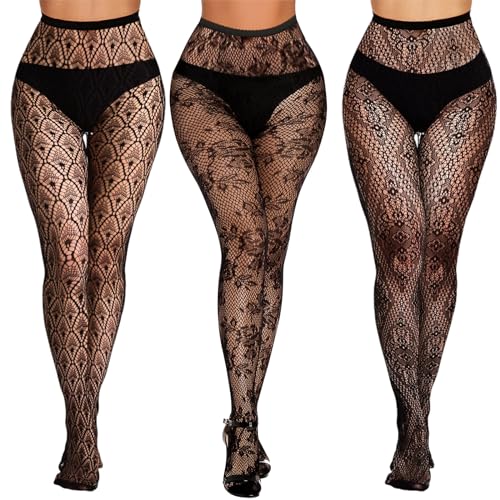 Buauty 3 Pairs Lace Patterned Fishnet Tights for Women, Black Fishnets Leggings Lace Tights with Designs for Women, Floral Stockings Small Hole Pattern Leggings Net Pantyhose