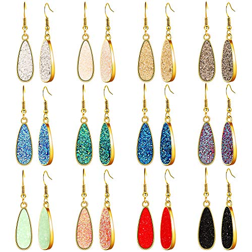 12 Pairs Faux Druzy Drop Earrings Crystal Pendant Dangle Earrings Multicolor Stainless Steel Earrings for Women Girls (Long Teardrop Shape)