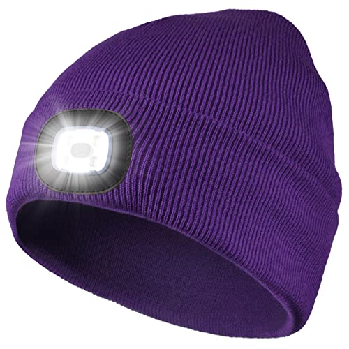 Attikee LED Lighted Beanie, Unisex Warm Knitted Hat, Rechargeable Headlamp Cap for Outdoors, Tech Gift for Men Dad Father Him Purple