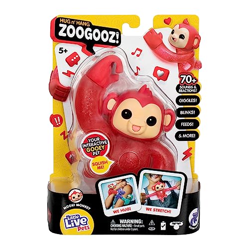 Little Live Pets Hug n' Hang Zoogooz - Mookie Monkey. an Interactive Electronic Squishy Stretchy Toy Pet with 70+ Sounds & Reactions. Stretch, Squish & Link Their Hands Medium