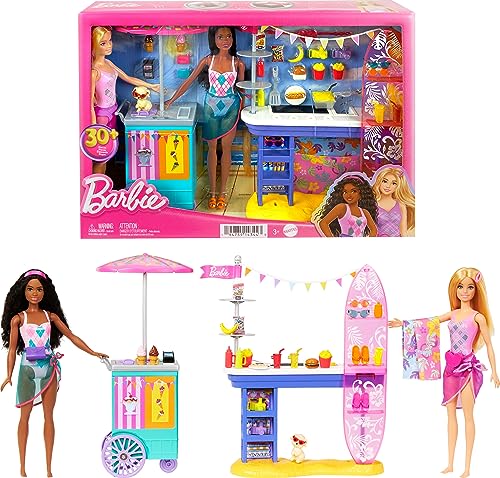 Barbie Beach Boardwalk Playset, 2 Dolls & 20+ Accessories Including Snack Stand, Ice Cream Kiosk, Puppy & Themed Pieces
