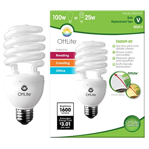 OttLite 25W Swirl Screw in Light Bulb - Compact Fluorescent Light Bulbs Replacement - Bright Natural Daylight for Bedroom, Living Room, Home Office, & Garage - Low Heat & Glare for Reduced Eyestrain