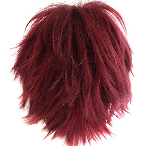 Alacos Short Fashion Spiky Layered Anime Cosplay Wig Halloween Christmas Carnival Dress Up Pretend Play Party Wig Gift+Cap (Dark Red) One Size