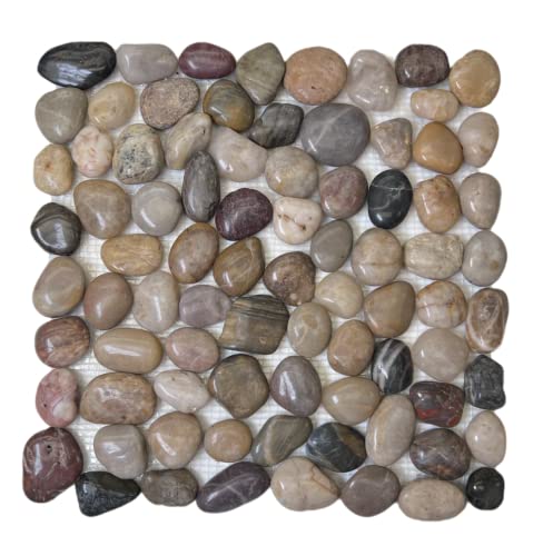 Polished Marble Stone Round Pattern Pebbles Mesh Mounted for Floor and Wall Tile for Pool, Kitchen Backsplash, Bathroom Shower (Box of 11 Sheets) (Mix)