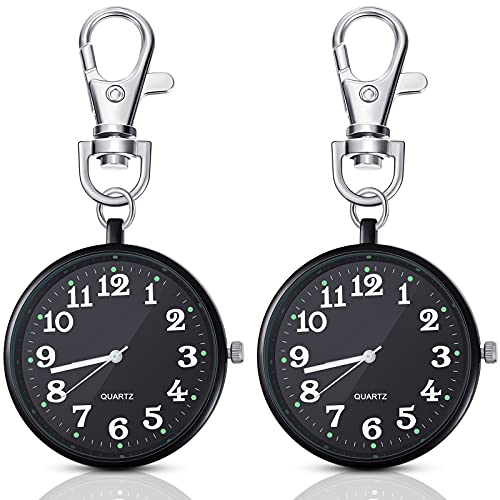 2 Pieces Quartz Pocket Watch with Key Buckle Round Pocket Watch Keychain Watch Portable Unisex Watch(Black)