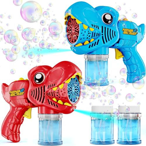 Dino Bubble Guns for Kids - 2 Pack - Bubbles Gun, Blaster, Blower, Maker, Machine for Boys & Girls- Cool Outdoor Dinosaur Toys for Toddlers - Birthday Gifts for Ages 3 4 5 6 7 8 Year Old Kid Toy
