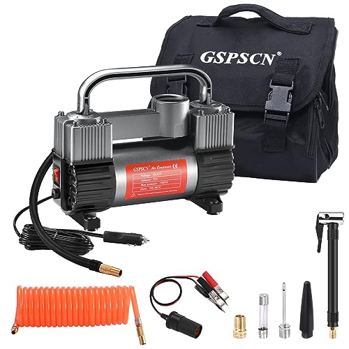 GSPSCN Tire Inflator Heavy Duty Double Cylinders, Portable Metal DC 12V Air Compressor - Car Accessories, 150PSI Tire Pump with Adapter for Car, Truck, SUV Tires, Dinghy, Air Bed etc (Titanium)