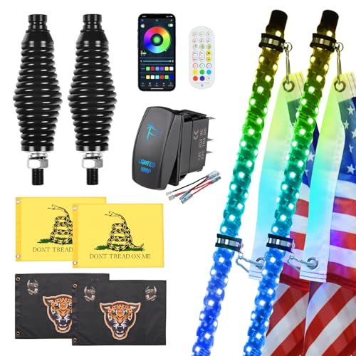 Ehaho 2 Pack 3FT Whip Lights with Spring Base, LED Whip Light with App & Remote Control, Spiral RGB Chasing Lighted Whips with Rocker Switch, Music Whip Light for UTV ATV Polaris RZR Can-Am SXS Truck