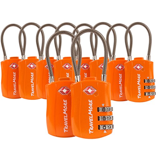 TravelMore 10 Pack TSA Approved Travel Combination Cable Luggage Locks for Suitcases - Orange