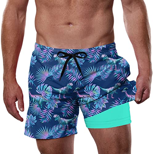 Cozople Men's Swim Shorts Dinosaur Leaves Hybrid Printed Swim Trunks Compression Liner Swimwear Quick Dry Lightweight Bathing Suits with Inner Pocket L