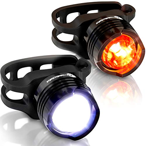 The Original Stupidbright SBFR-1 Strap-On Micro LED Mini Front & Rear Bike Light Set Front and Back Bicycle Lights (2 Pack: White & RED)