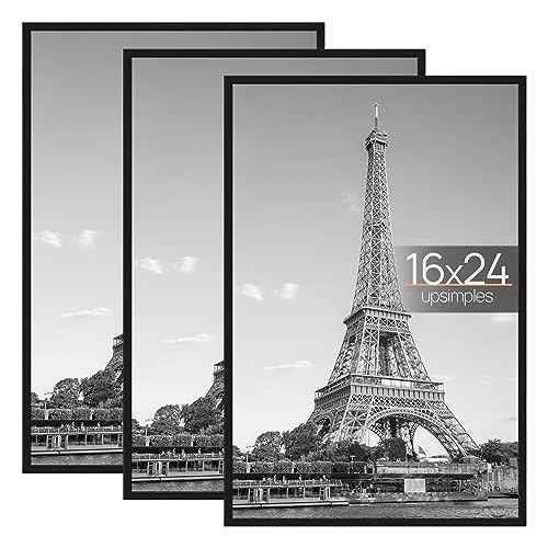 upsimples 16x24 Frame Black 3 Pack, Poster Frames 16 x 24 for Horizontal or Vertical Wall Mounting, Scratch-Proof Wall Gallery Photo Frame