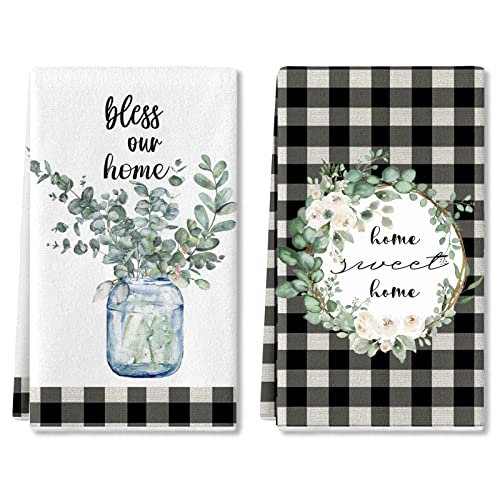 Eucalyptus Leaves Kitchen Dish Towel, 2 Pack Bless Our Home Sweet Home Quotes Buffalo Plaid Absorbent Kitchen Towel, Absorbent Drying Tea Towels for Cooking Baking, 18 x 28 (Eucalyptus Leaves)