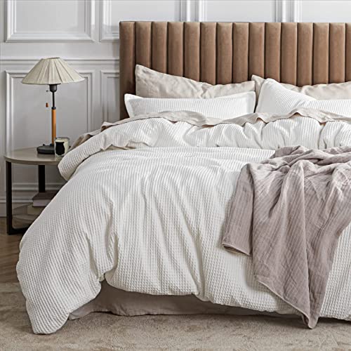 Bedsure Cotton Duvet Cover Queen - 100% Cotton Waffle Weave Coconut White Duvet Cover Queen Size, Soft and Breathable Queen Duvet Cover Set for All Season (Queen, 90'x90')