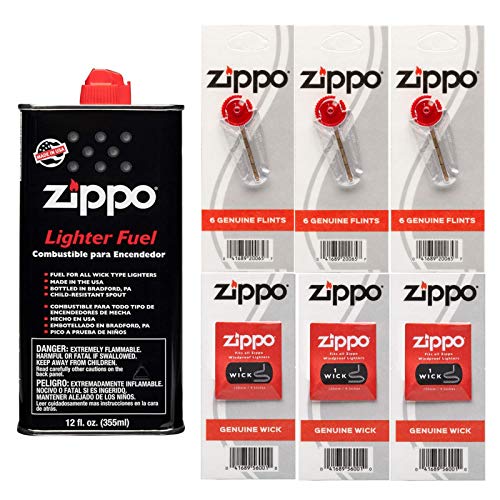 Zippo Gift Set - 12 Fl.oz Fluid Fuel and 3 Wick Card & 3 Flint Card (18 Flints) Bundle with Microfiber Cleaning Cloths