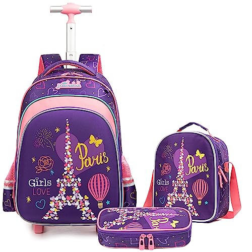 Egchescebo Kids Pylons Rolling Backpack for Girls 17' Suitcases Trolley Backpacks with Wheels 3PCS Luggage Backpacks Wheels with Lunch Box Pencil Case for Elementary Girl Travel School Bag Purple