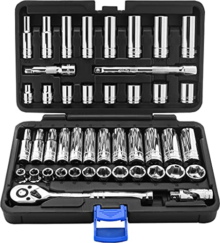 EPAuto 45 Pieces 3/8' Drive Socket Set with 72-Tooth Pear Head Ratchet