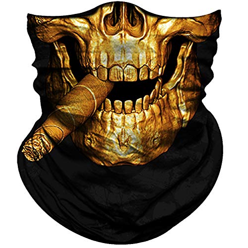 Obacle Skull Face Mask Half for Dust Wind UV Sun Protection Seamless 3D Tube Mask Bandana for Men Women Durable Thin Breathable Skeleton Mask Motorcycle Riding Biker (Skull Cigar Gold Copper)