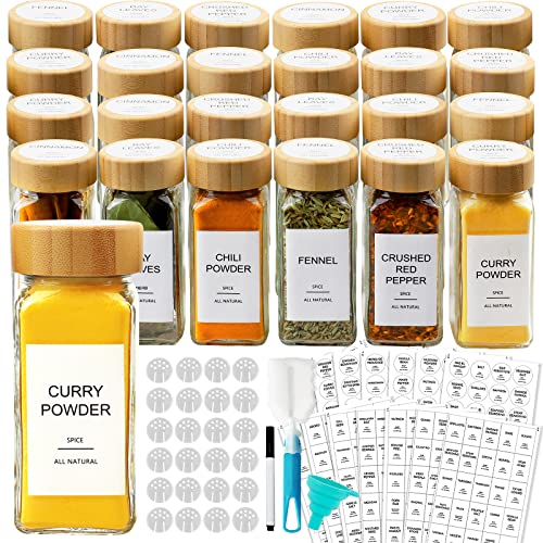 AISIPRIN 24 Pcs Glass Spice Jars with Bamboo Airtight Lids and 398 Labels, 4oz Empty Square Containers Seasoning Storage Bottles,Salt and Pepper Shakers-Shaker Lids, Funnel, Brush and Marker Included