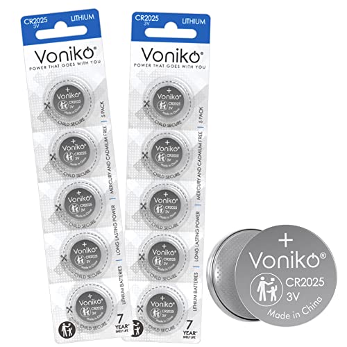 Voniko 3 Volt CR2025 Battery 10 Pack – CR 2025 Button Cell Battery – 2025 Lithium Coin Batteries, 7 Years Shelf Life