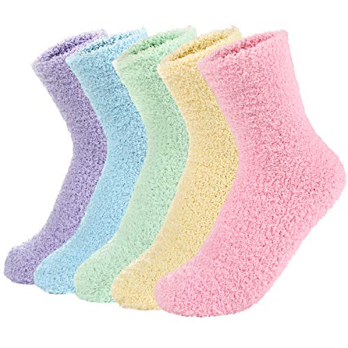 Zando Women's Winter Fuzzy Warm Crew Sock Microfiber Cozy Sleeping Plush Socks Thick Fluffy Slipper Sock Casual Super Soft Home Sock 5 Pairs Rainbow Solid One Size
