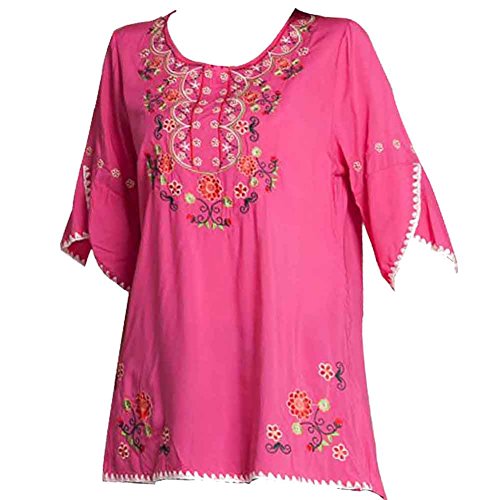 Ashir Aley Bell Sleeve Girls Embroidered Cotton Peasant Tops for Women Mexican Blouse Bohemian Shirts Tops (L,Fuschia)