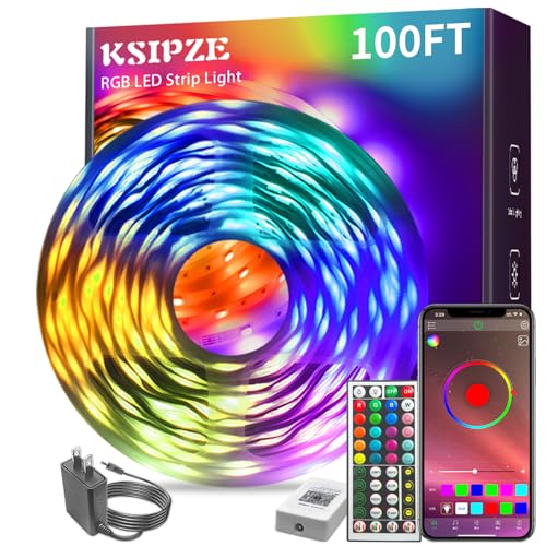 KSIPZE 100ft Led Strip Lights RGB Music Sync Color Changing,Bluetooth Led Lights with Smart App Control Remote,Led Lights for Bedroom Room Lighting Flexible Home Décor