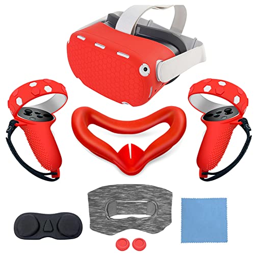 JYMEGOVR for Oculus Quest 2 Silicone Cover, Protective Cover Accessories for Meta VR, Multi Colors Soft Shell Skin, Controller Grips & Face Cover Set (Red)