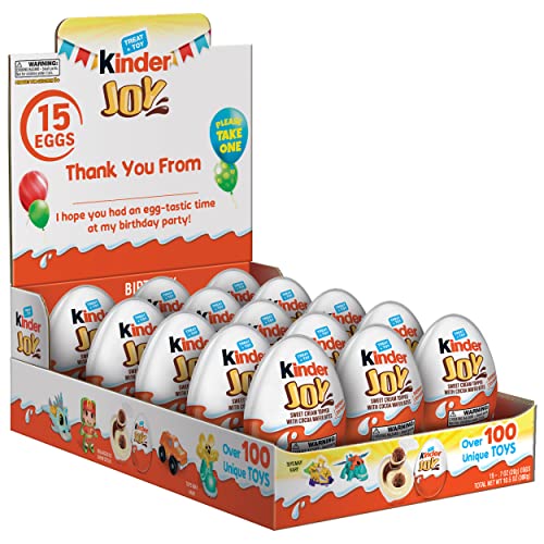 Kinder Joy Birthday Eggs, Bulk 15 Count Pack, Treat Plus Toy, Sweet Cream and Chocolatey Wafers, Individually Wrapped, Great for Party Favors, 10.5 Oz
